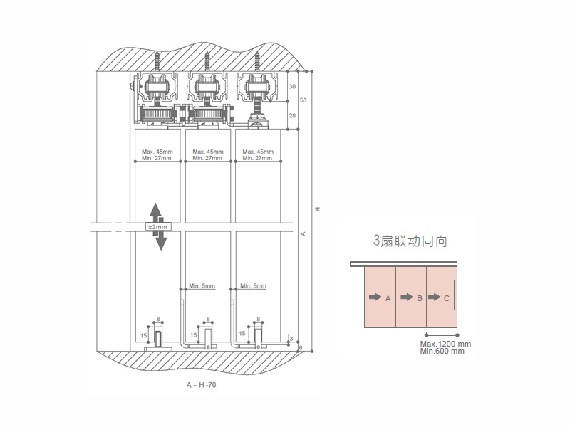 80kg 3L Telescopic System Sliding Door Fitting for Wooden